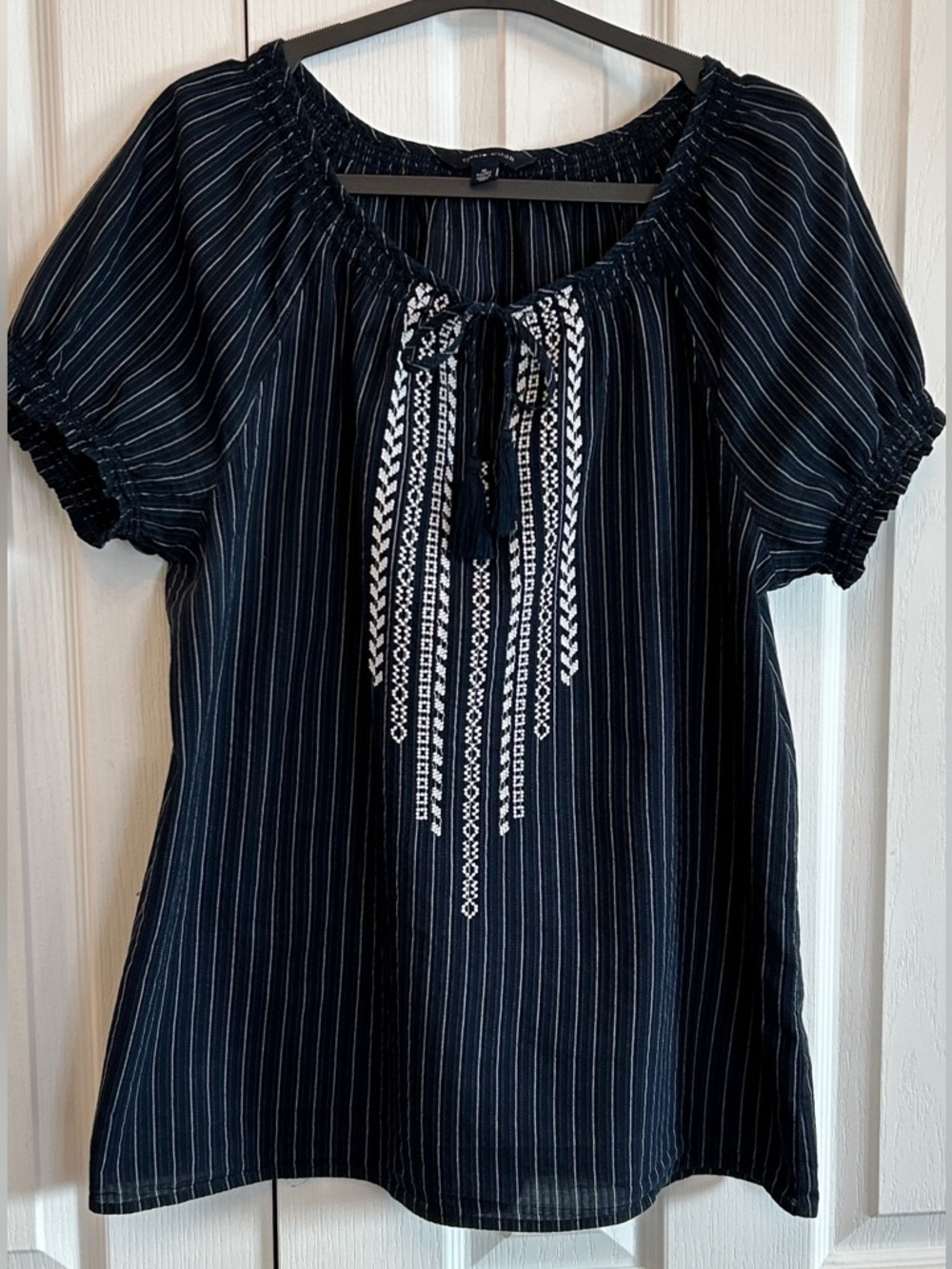 Tommy Hilfiger Cotton Peasant Top Navy Stripe Embroidered XL EUC